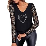 Trendige Oberteile Damen Modisches T Shirt mit fünfzackigem Stern Motiv und heißem Bohren Pullover mit Paillettennähten Sexy schulterfreie Sling Shirts Durchsichtige Tunika Bluse mit Langen Ä