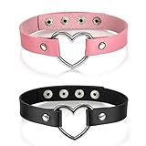 Cupimatch 2pcs Damen Choker Halskette Set, Herz Anhänger Leder einstellbar Kragen Halsband, pink schw