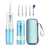 Elektrische Munddusche Zahnreiniger Tragbar USB Wiederaufladbare Wasserdichte COSANSYS Elektrische Oral Irrigator 150ml Wassertank, 4 Modi, 5 Düsen, eingebautem 2000mA Akku für Zuhause und R