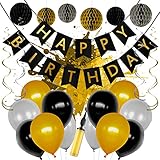 LEVANDI® Premium Geburtstagsdeko Set in Gold - Schwarz [24 Teile] I Wiederverwendbar mit Luftpumpe & Zubehör I Wunderschöne Party Deko mit Luftballons, Happy Birthday Girlande & Wabenb