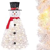 Yorbay Künstlicher Weihnachtsbaum mit Beleuchtung, Schneemann Baum mit Hut und Schal, LED Tannenbaum für Weihnachten-Dekoration, Weiß Schnee, 120