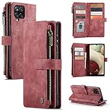 M CASEME UEEBAI Handyhülle für Samsung Galaxy A12 5G, Retro Reißverschluss Hülle Premium PU Leder Weich TPU Klapphülle Magnetverschluss Kartenfach Standfunktion Geldbörse Schutzhülle - Wein R