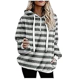 TianWlio Damen Tasche Hoodie Plüschpullover Streifendruck Teddy-Fleece Pullover Mit Kapuze Herbst Winter Warm Oversize Kapuzenpullover Langarm Kordelzug Reißverschluss Casual Sw