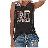 Masrin 1981 T-Shirt Frauen Tank Tops Vintage Letter Print Shirt 40. Jahrestag Weste Ärmellose O-Neck Tunika Bluse(L,Dunkelgrau)