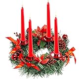 VIPNAJI Adventskranz rund, Weihnachtsdeko Tischkranz,Adventsgesteck, Advent Kerzenständer, Kerzenhalter, Ø 36cm, Adventkränze,für Advent, Weihnachten (Rot)