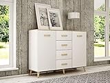 Kommode für Wohnzimmer, Schlafzimmer,Diele mit 2 Türen und 4 Schubladen - mit Holzbeinen (Höhe: 16 cm) - 120 cm - SKADI 120 - Skandinavischer Stil, Modernes Design - Weiß+Sonoma+Buche (120cm)