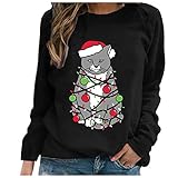 Damen Pullover Herbst Winter Lange Ärmel Tops Frauen Freizeit Langarmshirt Weihnachten Katzendruck Shirts Bluse Atmungsaktiv Baumwolle Top Elegant Party Oberteile Longshirt(038-Schwarz,XL)