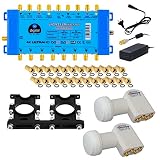 2X Quattro LNB Profi + Multischalter pmse 9/8 HB-DIGITAL 9X SAT bis 8 x Teilnehmer / Receiver für Full HDTV 3D 4K UHD mit Netzteil + 30 Vergoldete F-Stecker G