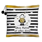 Sheepworld 45994 Plüschkissen Ohne Katze ist Alles doof, mit Pompoms, 25 cm x 25 cm Kissen, Polyester, Schwarz, Weiß, Goldfarben, 1 Stück (1er Pack)