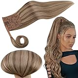 RUNATURE Pferdeschwanz Extensions Echthaar 35cm 14 Zoll Ponytail Extension Farbe 10P16 Blond Hervorgehobene Goldene Blondine 70g Haarteil Zopf E