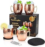 TantivyBo Moscow Mule Becher, 550ml Gehämmerte Kupferbecher 4er Set, Auskleidung aus rostfreiem Stahl, 100% handgefertigtes Kupferbecher-Geschenkset, Perfekt für jeden Cocktail gekühltes Getränk