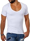 Young & Rich/Rerock Herren Uni T-Shirt mit extra tiefem V-Ausschnitt Slimfit deep V-Neck Stretch dehnbar einfarbiges Basic Shirt, Grösse:M, Farbe:Weiß