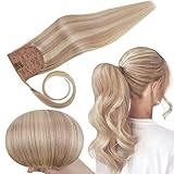 RUNATURE Echthaar Extensions Ponytail Remy Haar Pferdeschwanz Echthaar Zopf Goldblond mit Hellblond Ponytail Haarteil Extension Zopf Blond Echthaar 40cm 16 Zoll #16P24 80g