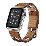 XKUN Lederarmband mit Loch, Kompatibel mit Apple Watch Armbändern 42mm Serie 6/5/4/3/2/1/SE Herren und Damen mit Edelstahlschnalle, Apple Watch Ersatzarmb