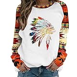 GFGHH Langarmshirt Damen Western Azteken Oberteil im Ethno Stil mit Rhombus Print Sweatshirt Crewneck Bedrucktes Frühling Tops, Hemd Tee Tops, Rundhals Pullover Baumwolle Freizeit T-Shirts B