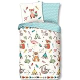 Aminata Kids Bettwäsche Indianer-Motiv 135x200 Kinder Cartoon-Style Muster Baumwolle Mädchen grün bunt - mit Reißverschluss - süße Wende-Kinder-Bettwäsche Set - Faultier, Blätter, Herzen & F