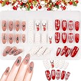 FLOFIA 72x Falsche Nägel Weihnachten Lang zum Aufkleben Künstliche Nägel Fingernägel Vollabdeckung Kunstnägel Set DIY Nagelkunst Maniküre für Frauen Mädchen Rosa Rot Weiß