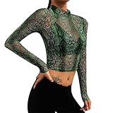 Andouy Mesh Crop Tops/Shirt Damen Durchsichtiger transparenter Druck/Spitze Sexy Party Club-Bluse, viele Styles(Grüne Schlangenhaut,36)