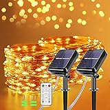 【2 Stück】Solar Lichterkette Aussen,12 Meter 120 LEDs Warmweiß für Außen mit Fernbedienung, wasserdichte / beliebig geformte Kupferdraht-Lichterketten für Partykorationen usw