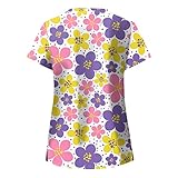 Covers Kasacks Damen Pflege Motiv Kurzarm V-Ausschnitt Katze Blumenmuster Top Pflege Arbeitsuniform T-Shirts Damen Uniformen Schlupfkasack Gute Qualität V-Neck Top
