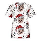 Graceyo Damen Weihnachten Pflege Kasacks Bunt Drucken Nurse Uniformen Schlupfhemd Arbeitskleidung T-Shirt Schlupfkasack mit Taschen V-Ausschnitt Kurzarm Frauen Pflegeuniform T-Shirts Arb