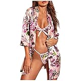 Roselan Damen Sexy Nachtwäsche Satin Silk Pyjamas Dessous Cardigan Nachthemd Pyjamas Set Kimono Damen Morgenmantel Satin Bademantel Seide Roben V Ausschnitt Mit Blumensp