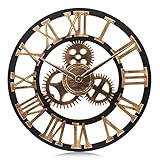 Lafocuse 58 cm Industriell Groß Steampunk Zahnrad Gold Wanduhr XXL Lautlos Holz Quarzuhr mit Romische Zahlen Vintage für Büro W