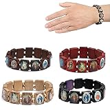 4 Stück Holz Rosenkranz Jesus Armband Jesus Christus Rosenkranz hölzerner Elastic Stretch Armreif mit Bildern von religiösen Heiligen Katholische Heilige Götter Göttin Geb