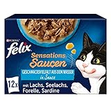 FELIX Sensations Saucen Katzenfutter nass, Fisch Sorten-Mix, 6er Pack (6 x 12 Beutel à 85g)