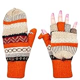Beurlike Damen Winter Handschuhe Warme Wolle Strickhandschuhe Convertible Fingerlose Fäustlinge, Orange, Einheitsgröß