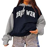 Tomwell Damen Sweatshirt Buchstaben Druck Langarm Rundhals Pullover Bauchfrei Warm Pulli Oversized Casual Bequem Teenager Mädchen Hoodie Sportbekleidung B Schwarz M
