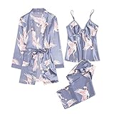 3PC Damen Nachthemd Set Morgenmantel Kimono Satin Kurz Nachtwäsche Bademantel Robe Schlafanzug mit weißer Kran und Blumen Kurz Bademantel + Hose+ Tanktops Pyj