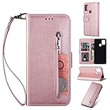 ZTOFERA Samsung A21S Hülle, Magnetisch Folio Flip Wallet Leder Standfunktion Reißverschluss schutzhülle mit Trageschlaufe, Brieftasche Hülle für Samsung Galaxy A21S - Roség