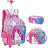 Kinder Trolley Tasche Schulrucksack für Mädchen im Teenageralter Jungen Klasse 2 bis 6 Wasserdichter Rollrucksack mit Federmäppchen, Lunch-Tasche, reflektierenden Sicherheitsstreifen und sechs R