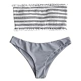 ZAFUL Damen Bikini-Set Gestreiftes Bikini Set mit Rüschen Bikiniset Bandeau BademodeBademode Swimwear Swimsuit Grau M