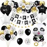 Panda Geburtstagsfeier Dekorationen, Schwarz Weiß Panda Folie Luftballons, Happy Birthday Banner mit Latex Folienballon für Jungen Mädchen Kinder, Party Geburtstag Baby Shower Dek