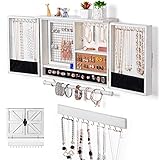Sunix Wandbehang Schmuck Veranstalter Rustikal | Wandhalterung aus Mesh-Schmuck | Wandhalterung aus Holz für Halsketten, Armbänder, Ohrringe, Ringhalter, Zubehör | Hängende Schmuckschatulle (weiß)