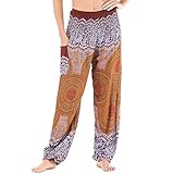 Nuofengkudu Damen Hippie Pumphosen mit Taschen Muster High Waist Haremshose Boho Luftige Bequeme Sommer Thai Hosen Yogahose Boho Strandhosen Festlich(X-Kaffee Runde,Einheitsgröße)