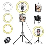 LED Ringlicht mit Stativ Handy, 10' Selfie Ringleuchte mit Fernbedienung und Doppel Handyhalter mit 3 Farbe&10 Helligkeitsstufen für YouTube TikTok Fotografie Live-Streaming [Tischstativ inklusive]