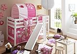 Hochbett mit Rutsche Podestbett Tino Buche massiv Weiss teilbar mit Farbauswahl, Vorhangstoff:Horse Pink