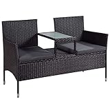 Polyrattan Gartenbank Monaco schwarz - 2-Sitzer Bank mit integriertem Tisch & Kissen in Grau - 133 × 63 × 84 cm - Sitzbank w