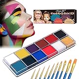 Bodypainting Farben, Kinderschminke Set, Schminkfarben für Kinder,12-Farben Gesichtsfarbe Schminkset, 10 Pinsel, Gesichts-und Körperfarbe, Sicher und Ungiftig, für Kinder Partys & Fasching