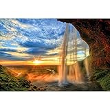 GREAT ART® XXL Poster – Wasserfall – Wandbild Dekoration Sonnenuntergang vor Horizont Natur Entspannung Landschaft Romantik Felsen Fluss Relax Wandposter Fotoposter Wanddeko Motiv (140 x 100 cm)