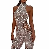 BBOOY Damen Ärmelloser, schmaler Pailletten-Overall, Sexy Mesh Durchsichtig Glitzernder Strass Bodycon Club Jumpsuits, Einteiliger Body Strampler Playsuit,Gold,S