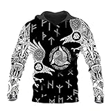 YABEME Vintage Odin Crow Hoodie, Nordische Mythologie Wikinger Fenrir Wolf Baum des Lebens Tattoo 3D Gedruckt Pullover Sweatshirt, Streetwear Casual Jacke,Hoodie,XXL