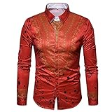 3D Print Shirt Herren Traditionelles Afrikanisches Herrenhemd Langarm Slim Fit Casual Herrenhemden (Rot,L)