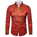 3D Print Shirt Herren Traditionelles Afrikanisches Herrenhemd Langarm Slim Fit Casual Herrenhemden (Rot,L)