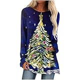 Lässige T-Shirt Bluse für Damen, Langarm Tunika Tops Damen Tee Tops Rundhals Bluse T Shirt Oberteile, Frauen Lang Tshirt Weihnachtsbaum Druck Shirt Lockere Blusen Oberteile(Marine,M)