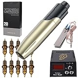 GJXJY Tätowiermaschine Set Tattoo Maschine Rotary Pen Rahmen aus Aluminiumlegierung 3,2 mm Hub Digitale Netzteil 20 Stück Patronen Nadel für Anfänger Tätowierer(Color:Gold)