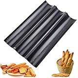 QTTO Baguette-Backblech, Baguette Backform für 3 Baguettes, Baguetteblech mit Hochwertiger Antihaftbeschichtung, Brötchen Backform mit Gut Wärmeleitung, 38 x 24.5 cm Baguetteform, Backblech B
